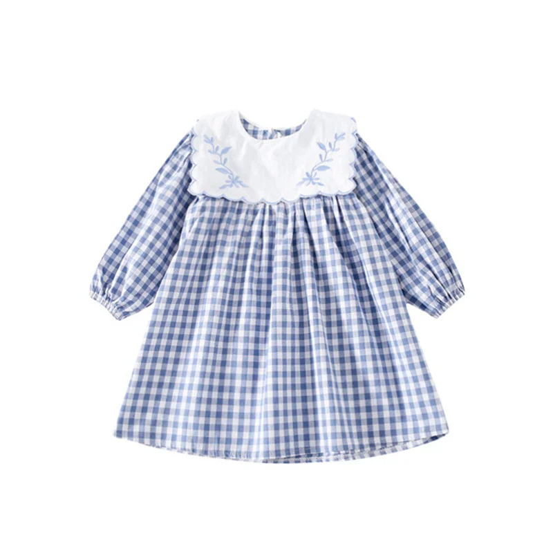 Korean style Toddler Girls Cute Embroidery Navy collar Cotton Plaid Dress 2021 Spring Little Princess Long Sleeve Party Dresses | Детская