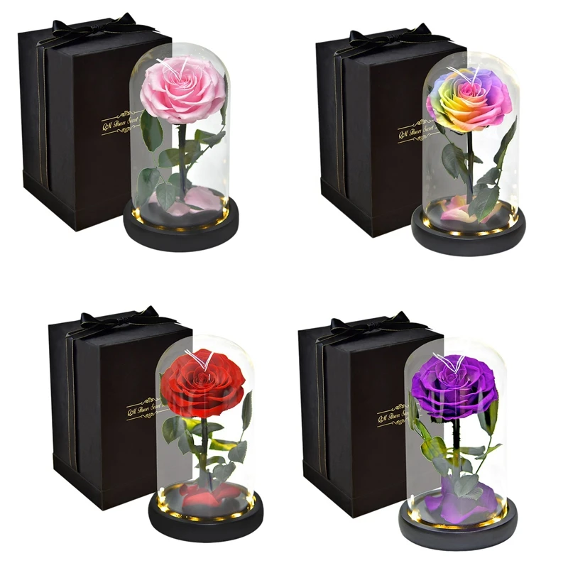 

New Rose That Lasts Eternal Forever Preserved Flower in Glass Dome Lamp for Valentine's Mother's Day Gift Box