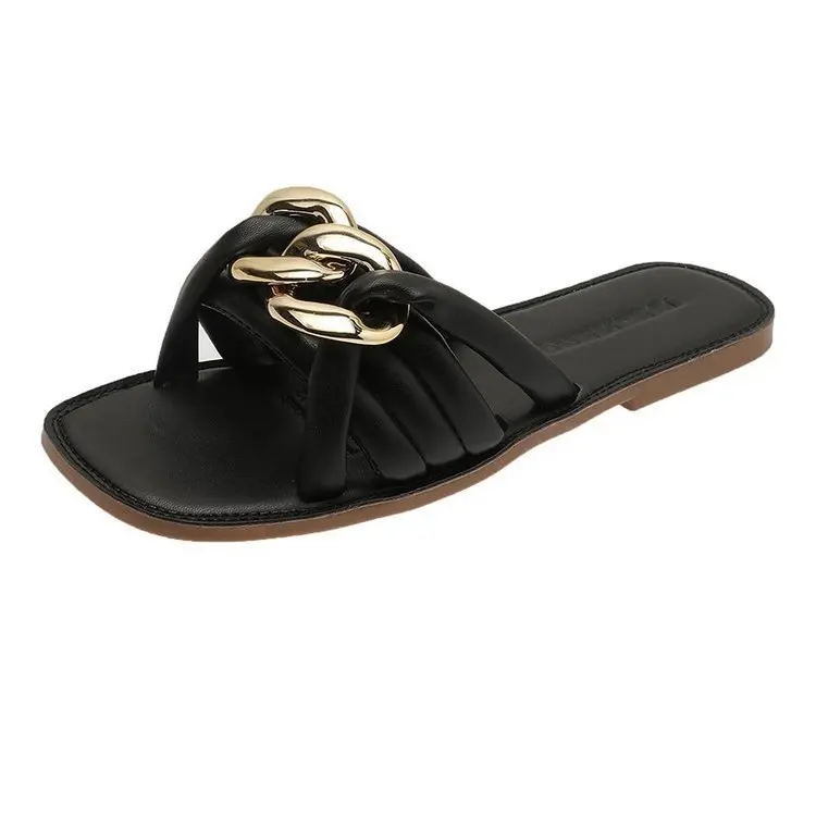 

Shoes Summer Clogs Woman Slippers Flat Rivet Slides Fashion Square Toe Pantofle Low Beach Luxury 2021 Basic PU Rubber Hoof Heels