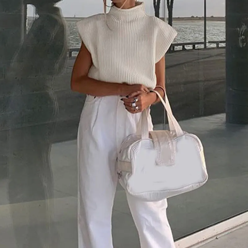 

New Turtleneck Sleeveless Women Vest Sweater White Shoulder Pads Pullover Knitted Loose Autumn Winter Warm Soft Casual Jumper