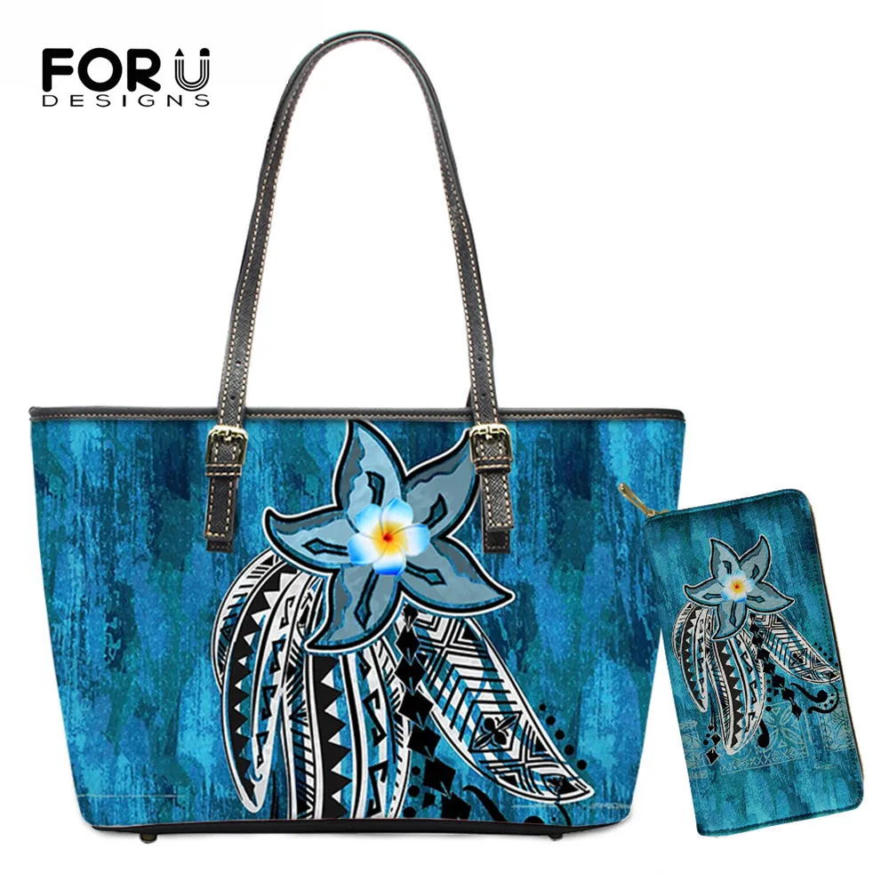 

FORUDESIGNS Новое поступление 2 шт. женская большая сумка и кошелек Гавайский полинезийский дизайн Племенной Океанский спрей Плюмерия дамские по...