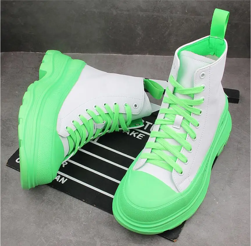 Murah Sneakers Pria Kulit Atasan Tinggi Warna Campuran Sepatu Kasual Sepatu Penambah Tinggi Hip-Hop Sepatu Bot Pergelangan Kaki Zapatillas Hombre