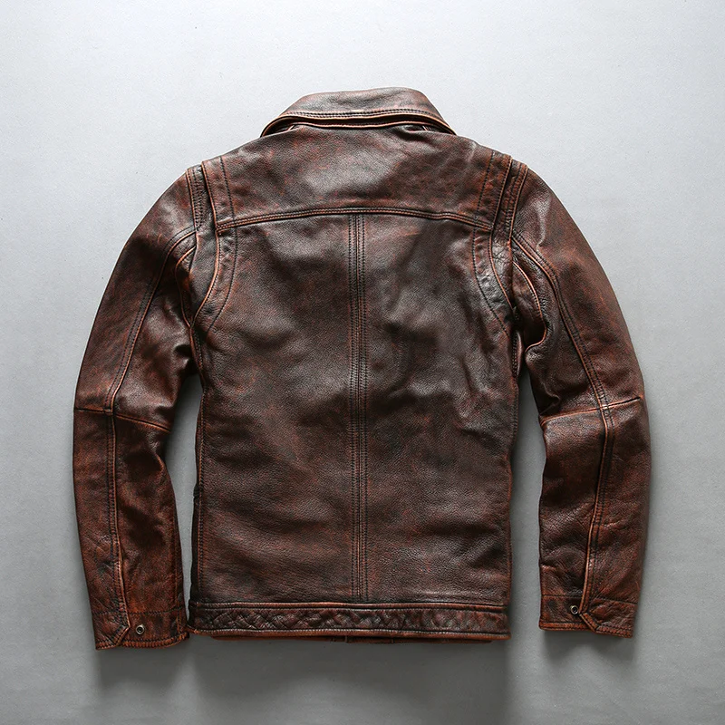 

2022men's vintage cow leather jacket with pockets brown motorcycle leather coat men biker jacket for male