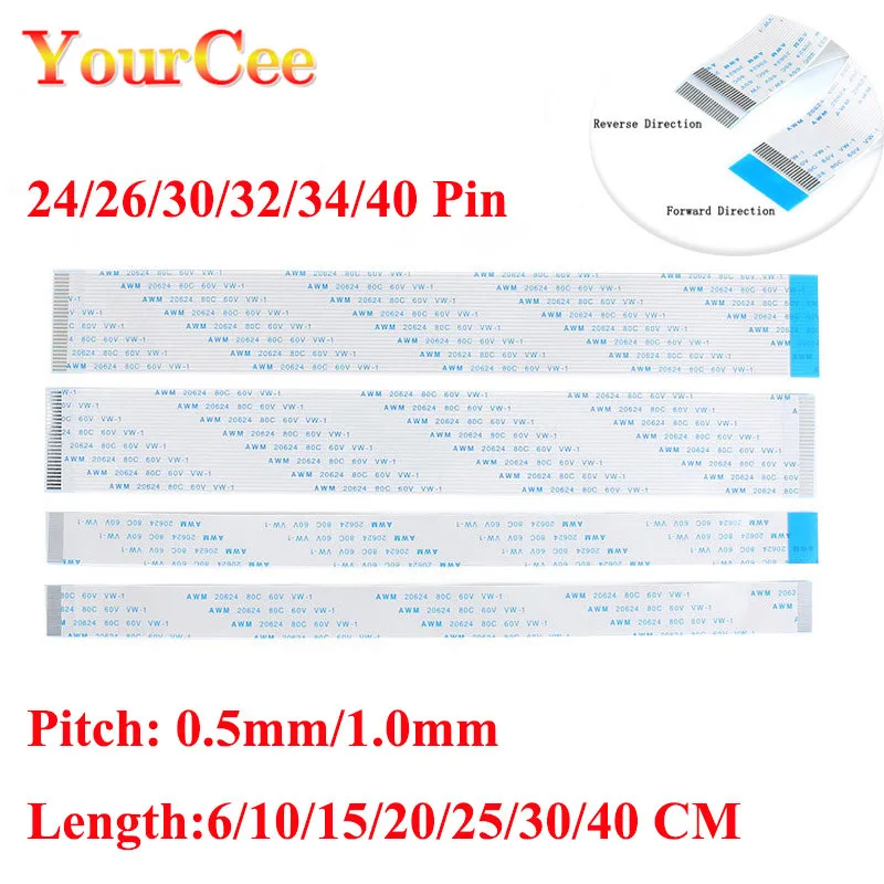Гибкий плоский кабель FPC/FFC 10 шт. 24 26 30 32 34 40 Pin шаг 0 5/1 мм длина провода 6/10/15/20/25/30/40 см