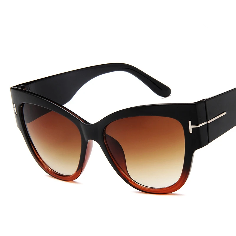 Black Tea Новые модные брендовые дизайнерские солнцезащитные очки Tom Cat Eye, Женские винтажные солнцезащитные очки с большой оправой UV400 - Цвет линз: Black Tea