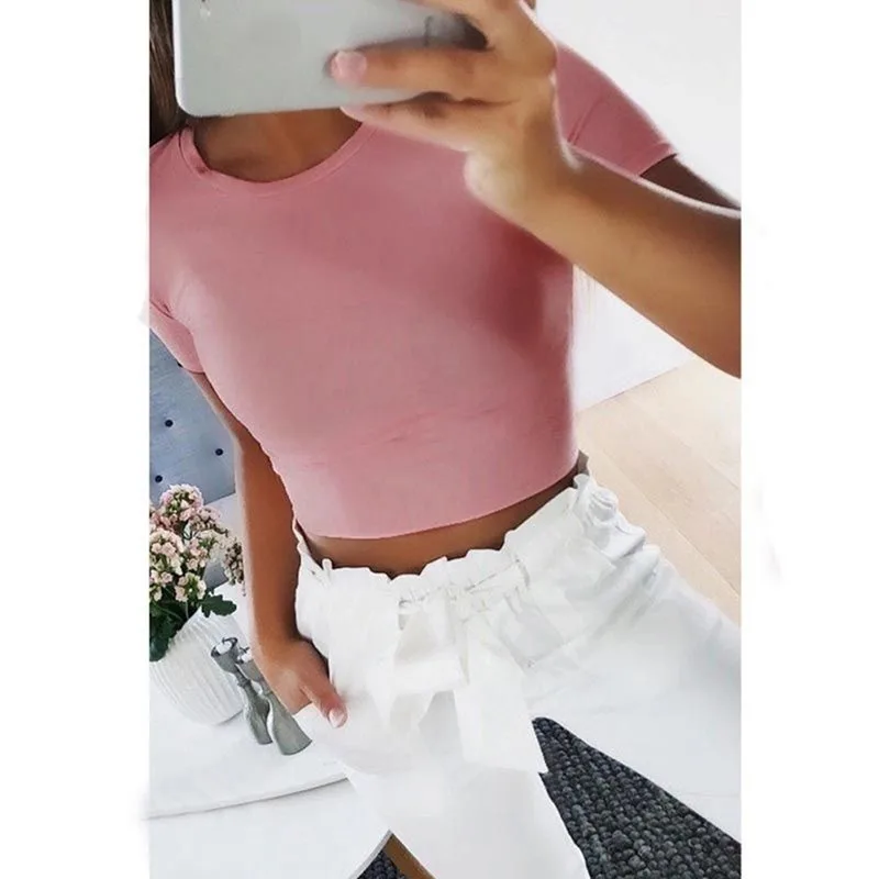 

Summer Women Fashion Crop Top Shirt Solid Color O-Neck Short Sleeve T-shirt Casual Tees Basic Black White