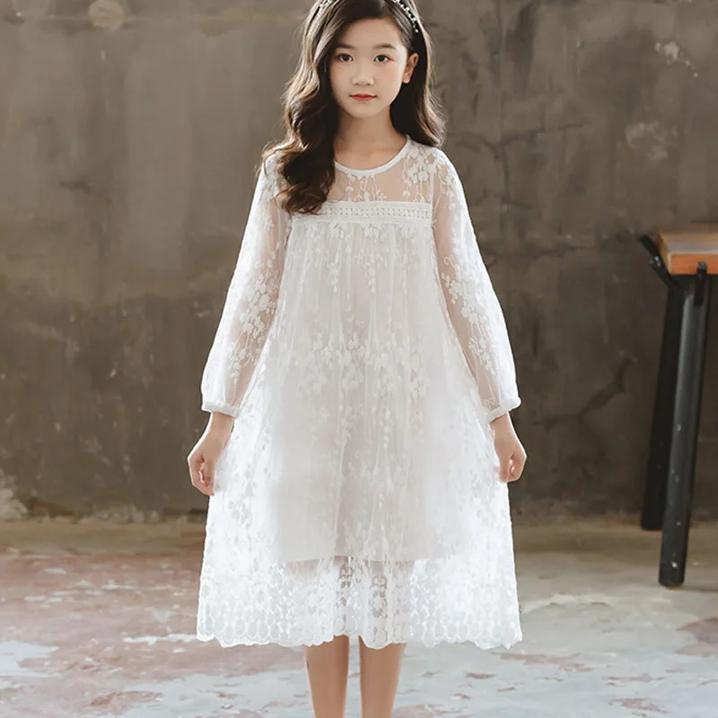 Big Girls Lace Hollow Summer Dress Kids Party Frocks Long Sleeve Elegant White bridesmaid Children Evening Vestidos | Детская одежда и