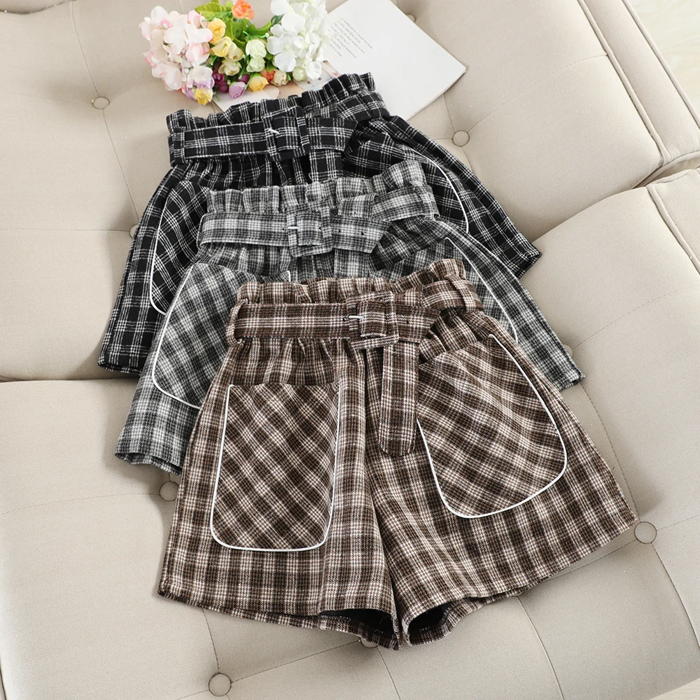 SINGRAIN 2019new женские широкие шорты эластичные корейские теплые клетчатые Харадзюку