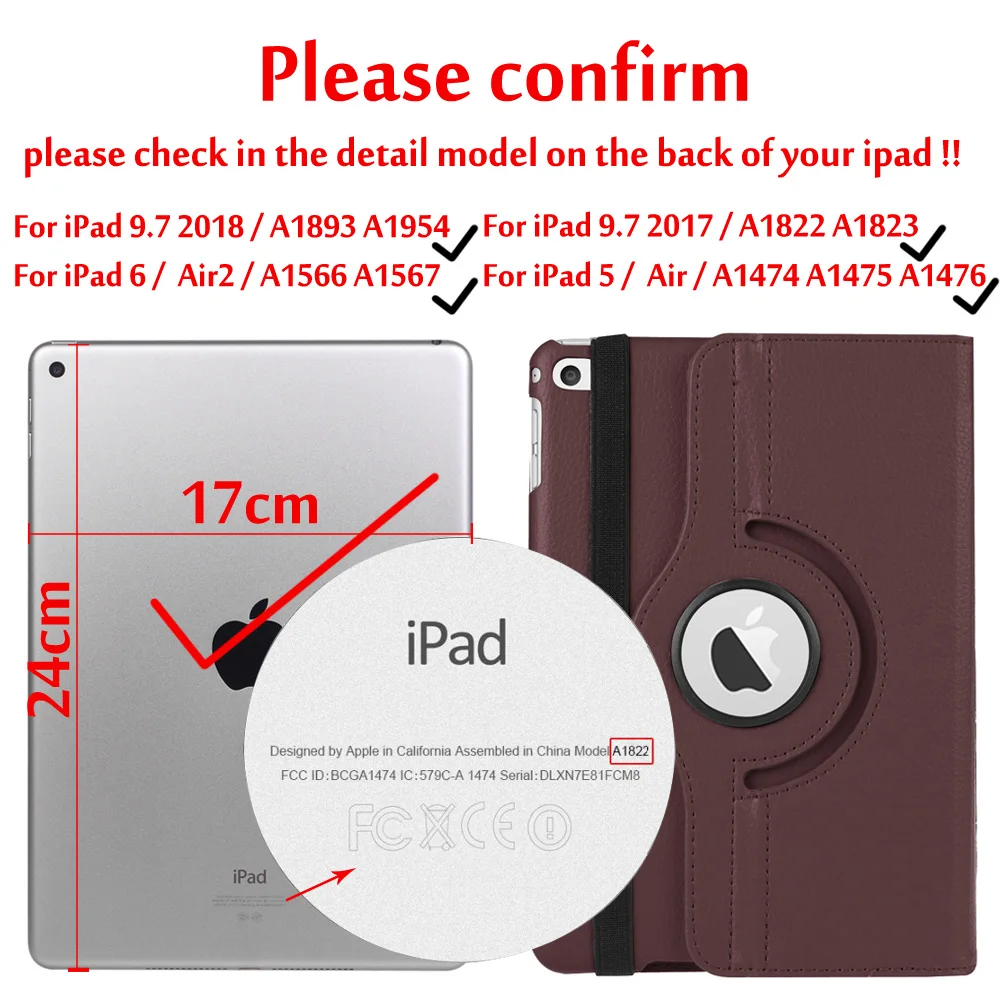 Brown Чехол для iPad 9,7,,, Чехол для iPad Air 2, Air 1, чехол, 5, 6, 5, 6, 6 поколение, чехол, вращающийся на 360 градусов, кожаный смарт-чехол - Цвет: Brown