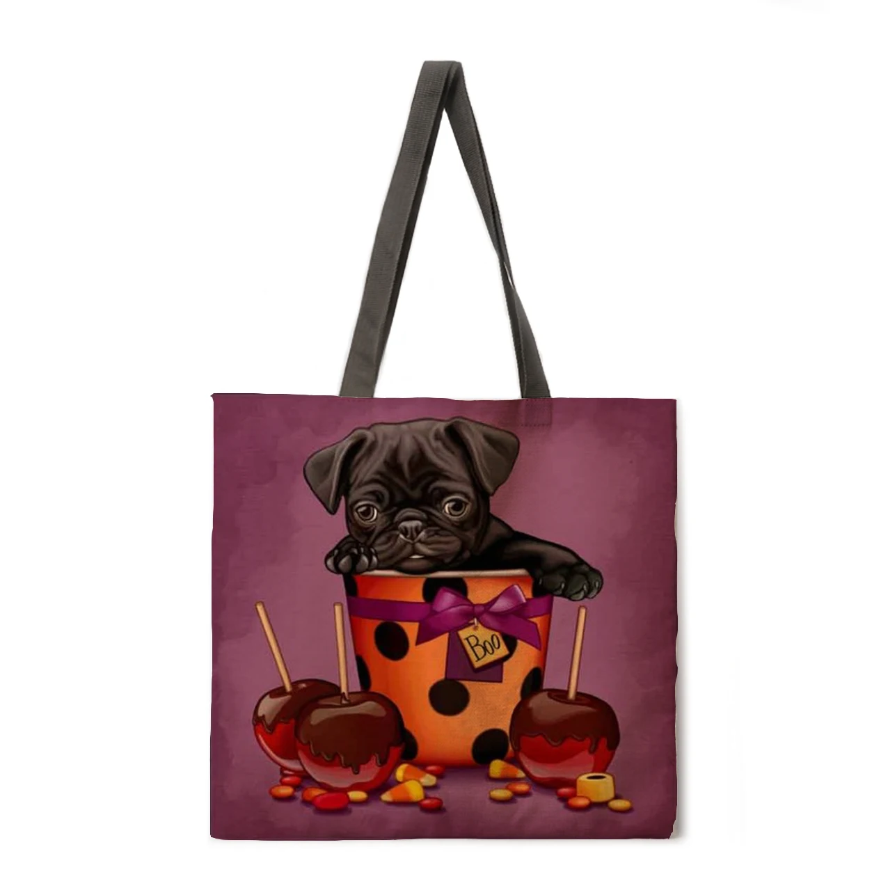

Pink dog print tote bag shoulder bag linen fabric casual tote bag foldable shopping bag reusable beach bag