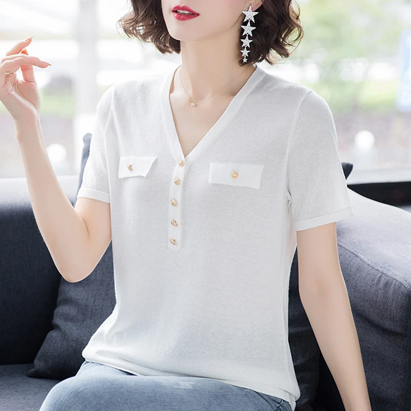 Пуловер женский трикотажный большого размера с V-образным вырезом эластичный