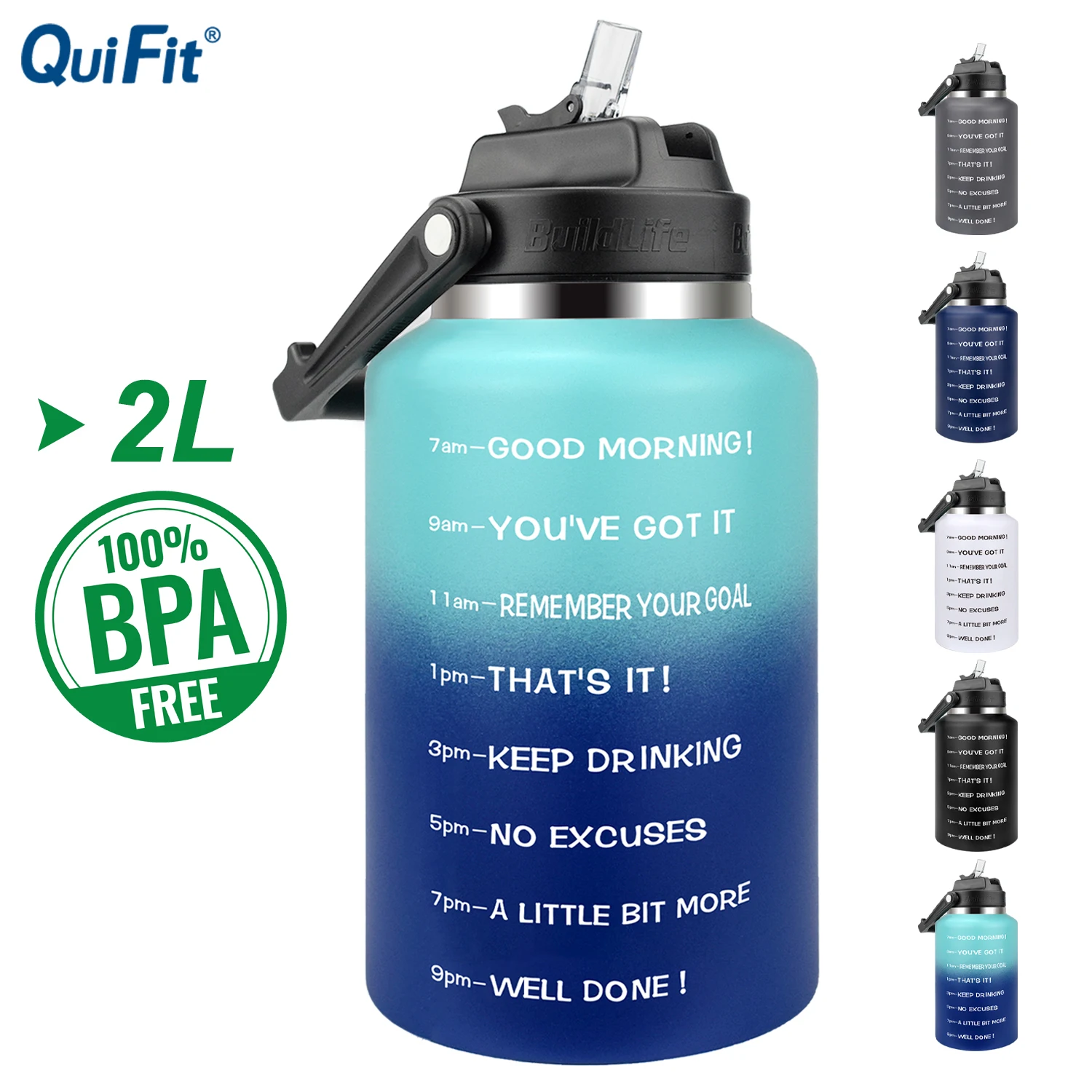 Quift Half Gallon 2L Water Bottle Insulated Vacuum Double Wall Stainless Steel with Leakproof Wide Mouth Straw Lid 64 OZ Large