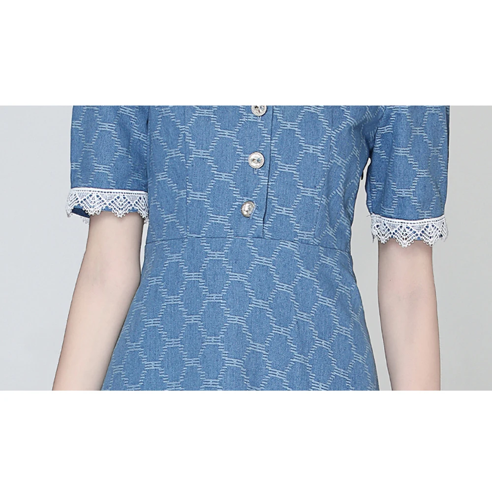 

Simgent Ruffle Denim Dress Lace Up Peter Pan Collar Women Summer Short Sleeve Elegant Dresses Woman Clothing Robe Femme SG16154