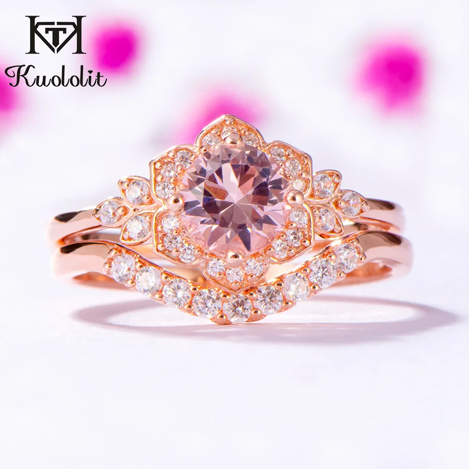 nano morganite Kuolit морганит драгоценный камень набор колец для женщин 925 пробы серебро создан камень группа укладки кольцо обручение ювелирные украшения - Цвет камня: nano morganite