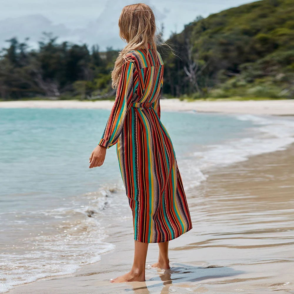 

Striped Print Strand Kleid Langarm Strand Cover Up Frauen Bikini Cover Up Lose Tuniken Strickjacke Badeanzge Abdeckung Ups Stra