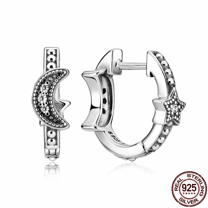 

100% Real 925 Sterling Silver Classic Star Moon Earrings For Women Birthday Fashion Jewelry Gift