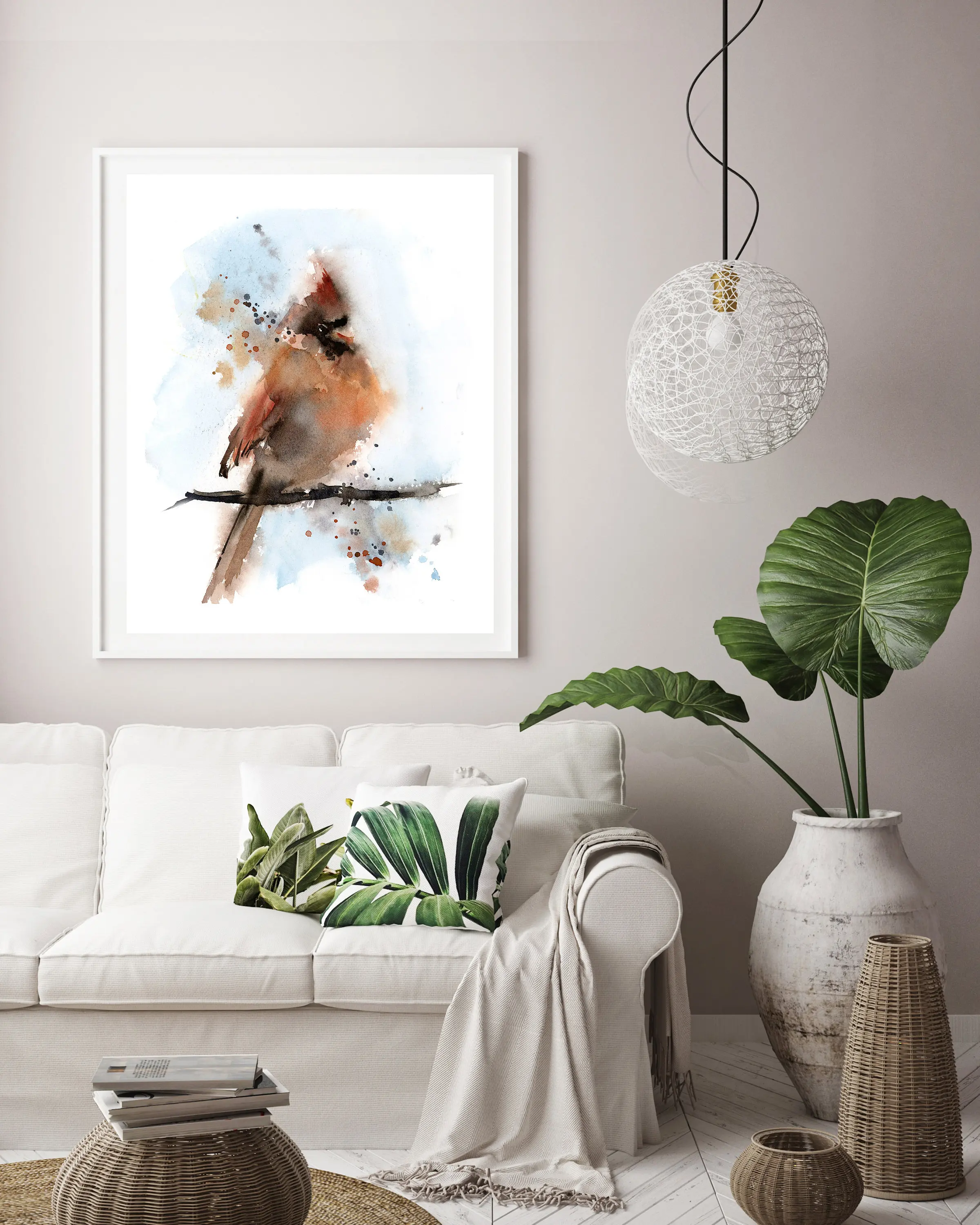 Cardinal Art Print Bird Loose Style print Painting Northern Giclée Archival of Red blue Pr  Дом и