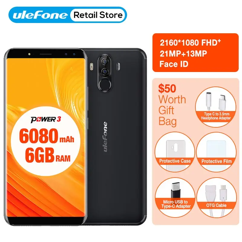 Ulefone power 3 6 0 &quot18:9 полноэкранный смартфон 6080 мАч MT6763 Octa Core Гб 64 четыре камеры 21 Мп + 5
