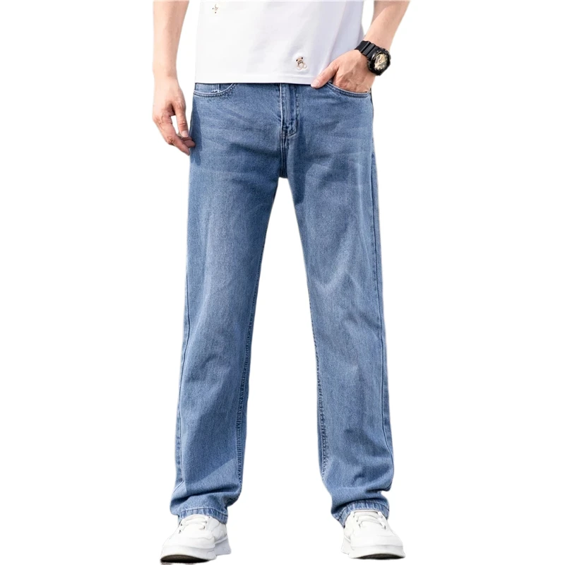 

2021 summer cotton loose straight-leg lightweight jeans classic brand embroidery youth men's casual thin denim jeans large size