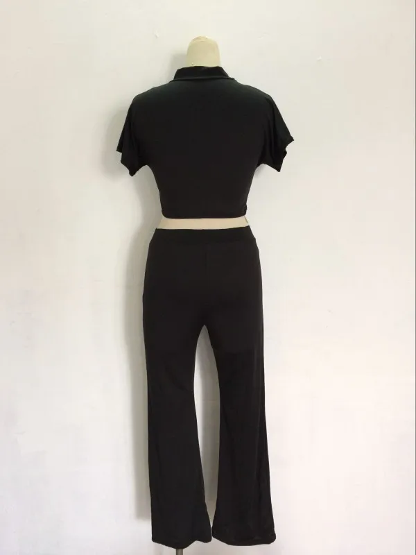 

Black Women Two Piece Set Cross Short Sleeve Crop Top and Long Pants Plus Size Female Two-piece Suits Nightclub Outfits