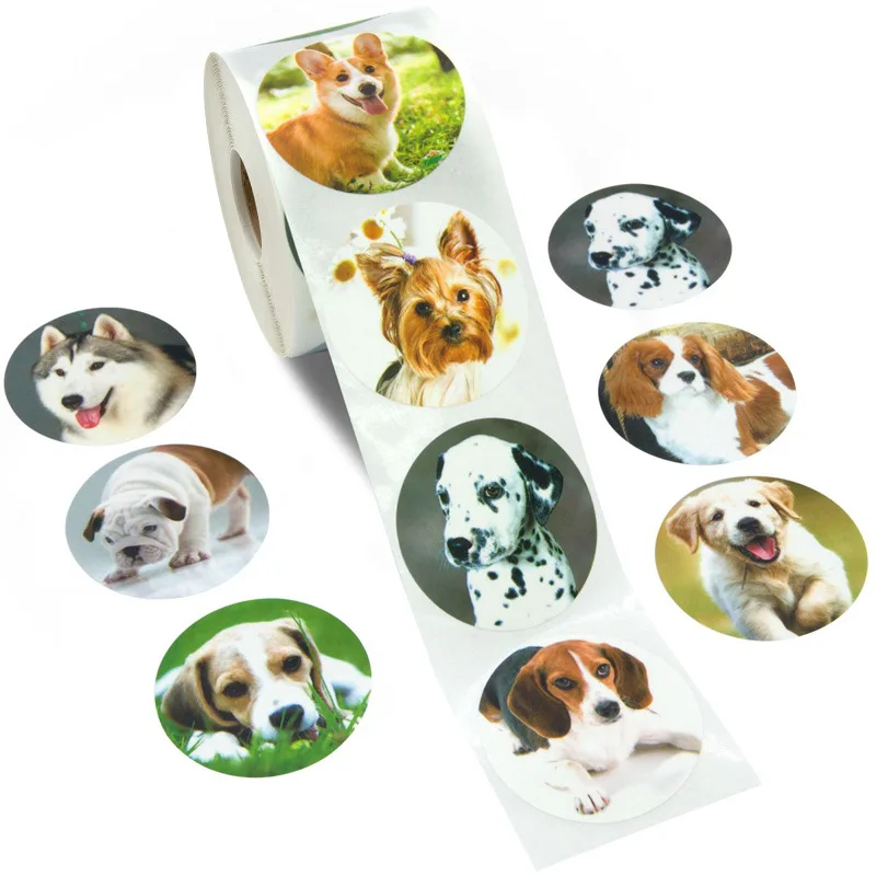 

500 Pcs/Roll Kawaii Dog Sticker for Kids Jungle Party Birthday Gift Decorations Cake Tags Cute Round Sealing Adhesive Sticker
