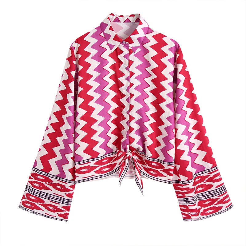 

New Women 2021 Fashion With Bow Tied Geometric Print Blouses Vintage Flare Sleeve Button-up Female Shirts Blusas Chic Tops