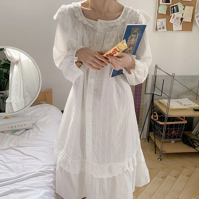 Spring 2021 New Korean Solid Color Cotton Casual Jacquard Lace Long Sleeve Nightdress Home Wear Sexy Nightgown Sleep Tops