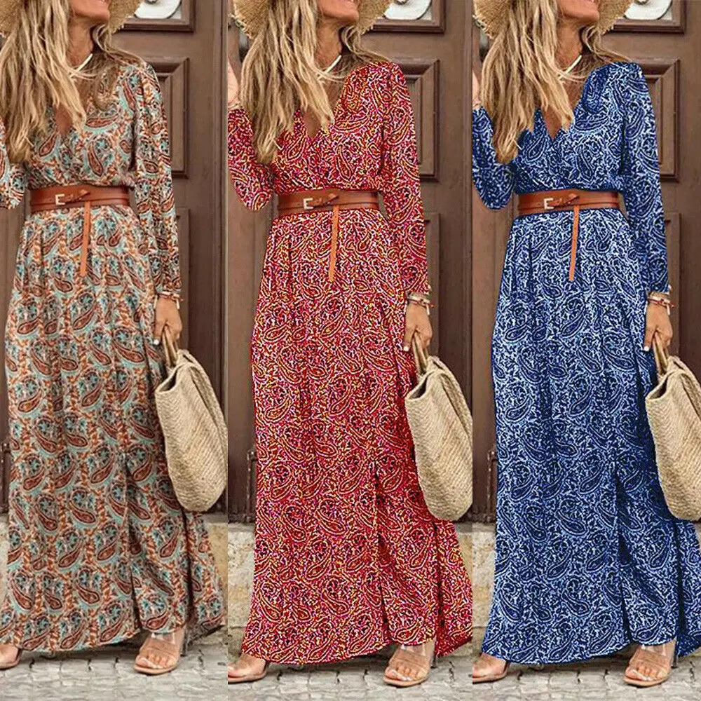 

Summer Boho Long Dress Women Vintage Paisley Print V-Neck Beach Style Maxi Dress Elegant Short Sleeve Belted Split Dress Robe