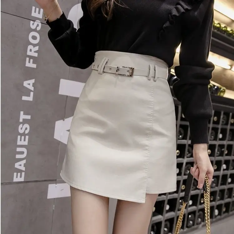 Осень Зима Новая тонкая высокая Талия Женская юбка из искусственной кожи Высокая