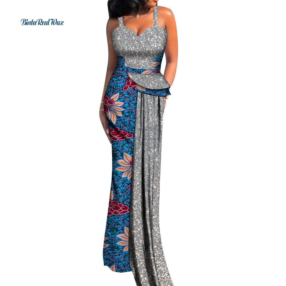 

New African Dresses for Women Print Draped Pearls Long Dresses Vestido Bazin Riche Dashiki Women African Design Clothing WY3891