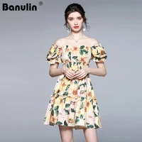 banulin 2021 summer runway boho short dress womens slash neck puff sleeve floral print elastic waist holiday vacation dress
