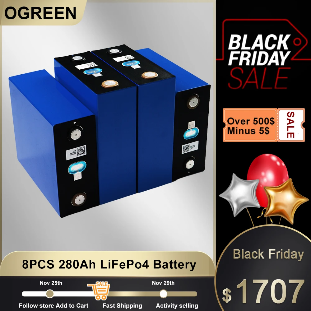 

New 3.2V 280AH Lifepo4 Battery 8pcs Grade A Lithium Iron Phosphate Cell Solar Energy storage RV 24V US EU tax free