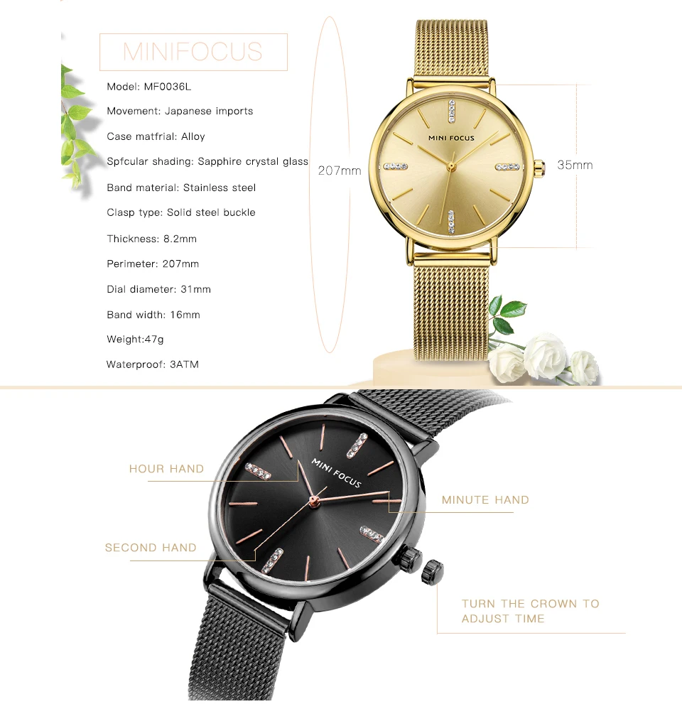 Мини фокус Королевский синий цвет Золотые женские часы кварцевые ультра тонкий с