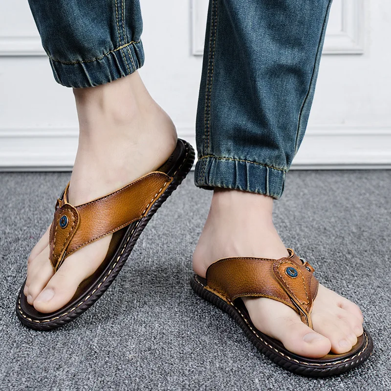 Летние новые стильные вьетнамки из воловьей кожи повседневные кожаные Вьетнамки