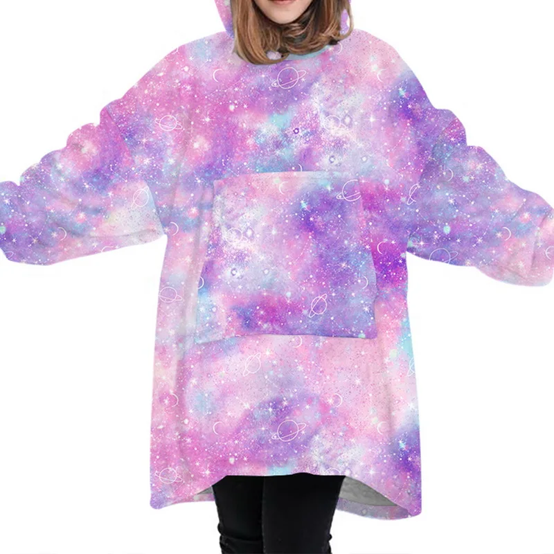 

Winter Sherpa Blanket Hoodie Children Printing Plush Coral Fleece Sherpa Blanket Sleeves Oversized Hoodie Blanket Double-sided