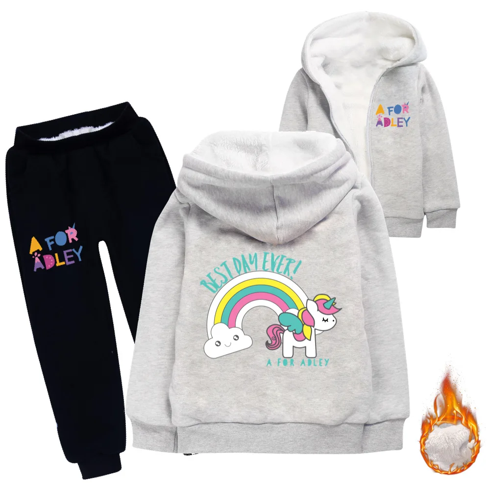 Teen Girls Clothing Winter Kids Sets Solid Color Plus fleece Warm Jacket+pants Casual Children's Sweatershirt Sport Boy Clothing