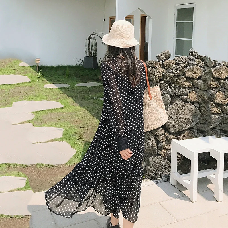 LANMREM Черное женское шифоновое платье с круглым вырезом и длинным рукавом принтом