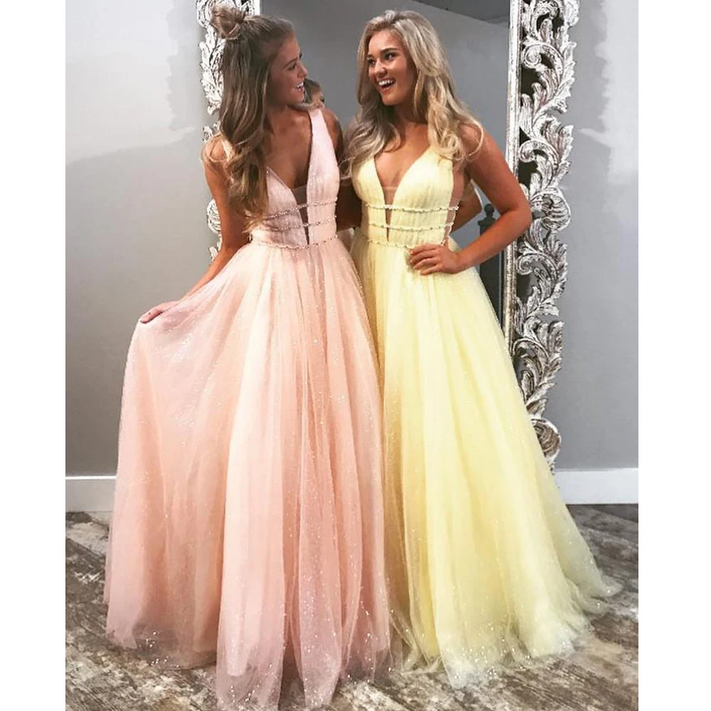 

Shiny Sparky Evening Dresses Long Luxury 2021 Eleglant V Neck Tulle with Beading A-Line Formal Prom Gowns robe de soire de mari