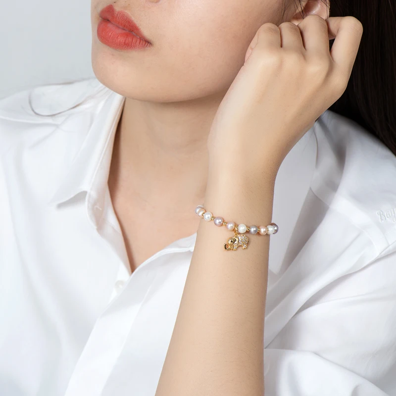 

Lnngy 14K Gold Filled Bracelet 4.5-6.5mm Natural Freshwater Oval Pearl Lovely Elephant Charm Bracelet Women Jewelry Dropshipping