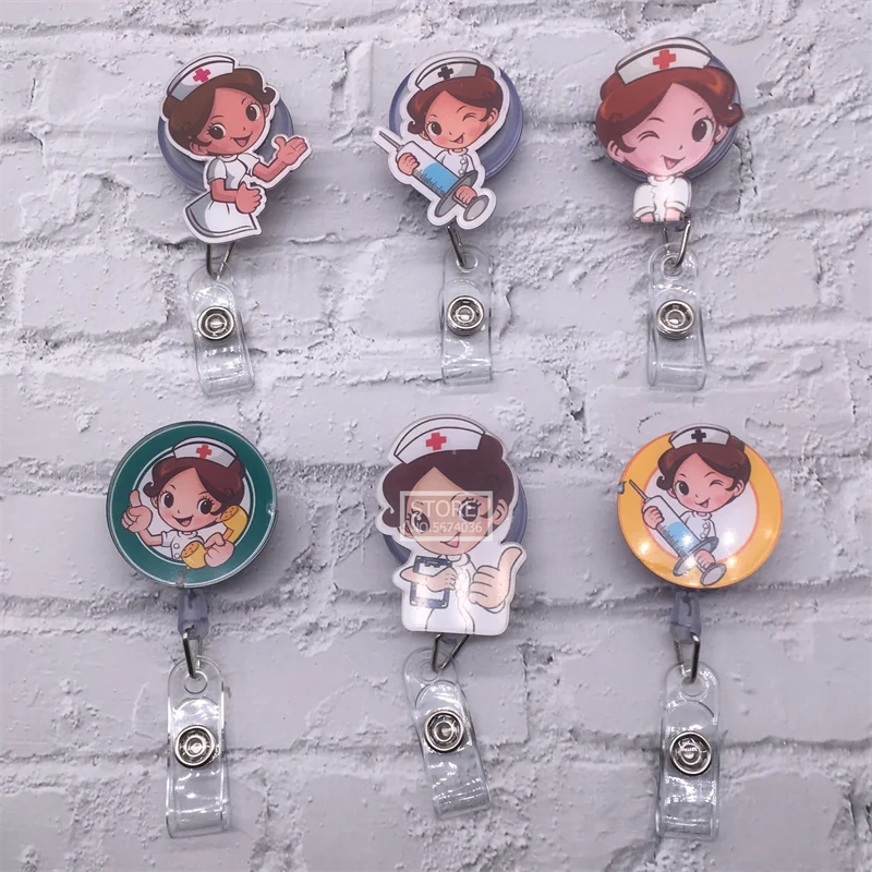 

10Pcs/Lot New Arrival High Quality Retractable Nurse Badge Reel Fashion Cartoon Cute Girl Name Tag Card ID Badge Holder Clips