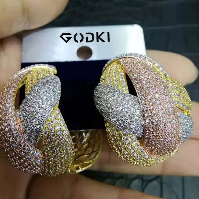 3 Tone GODKI Cross Роскошные 3 тона кубический циркон Эффектные серьги-кольца для женщин свадебные Дубай Свадебные квадратные круглые серьги-кольца - Окраска металла: 3 Tone