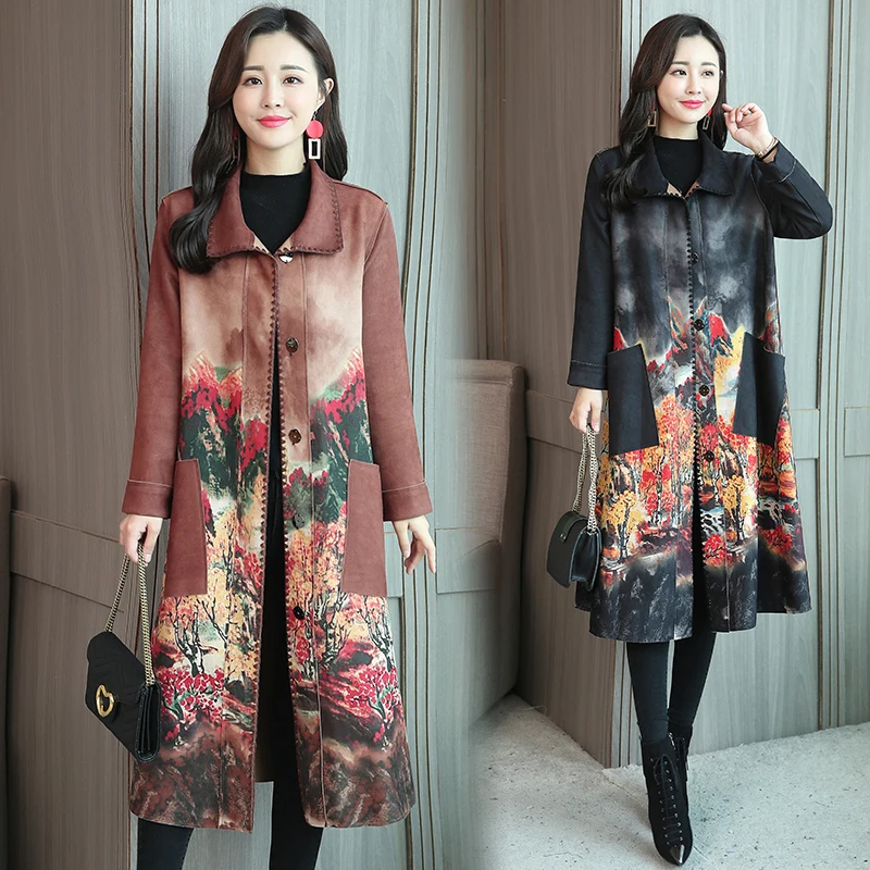 

Chamois Suede Trench Coat Women 2020 Autumn Winter Printed Windbreaker Long Coat Female Fashion Single-breasted Trench Coat
