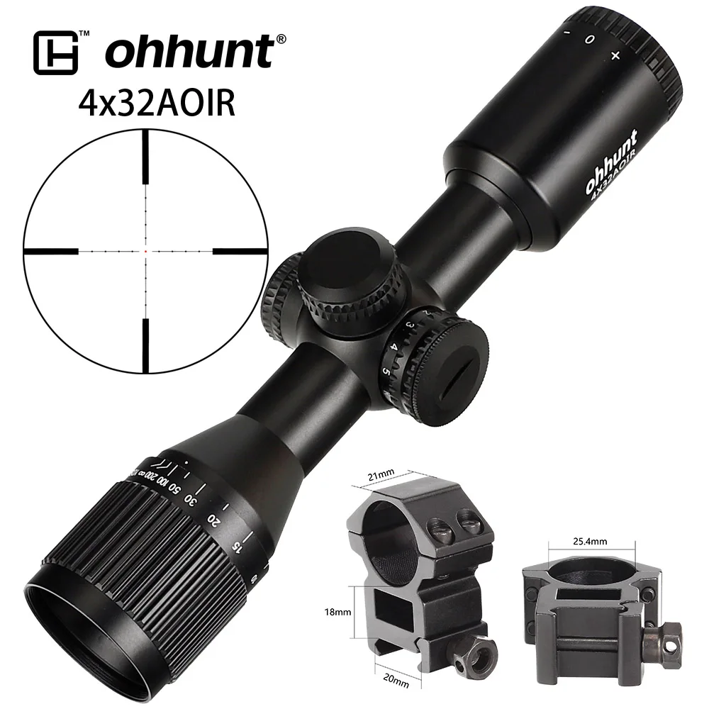 Ohhunt 4x32 AO мини Mil-Dot двойной цвет с подсветкой Стекло травленая сетка охотничий прицел тактический оптический прицел - Цвет: High Picatinny Rings