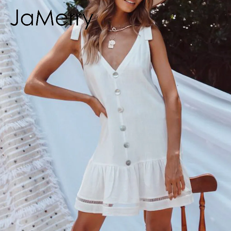 JaMerry белое платье на бретелях женское повседневное однотонное летнее короткое без рукавов с v образным
