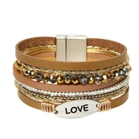 ornapeadia bohemian style genuine leather crystal bead bracelet for women wide side multilayer bracelet wholesale