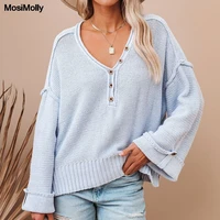 mosimolly sky blue sweater oversize women button sweater loose knit sweater jumper pullovers women female 2021 aw