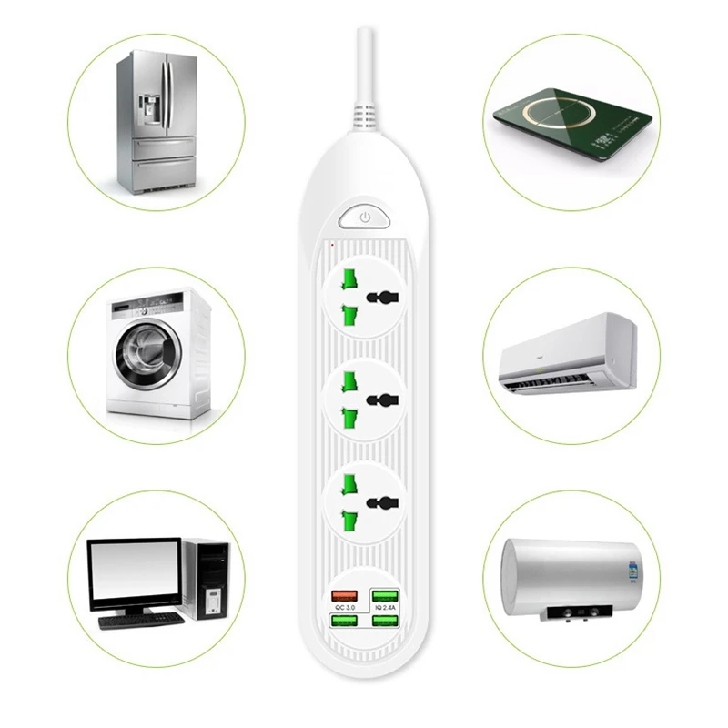 Power Strip with 3 Outlets 4 USB QC3.0 18W Ports 3000W 16A 6.5 Feet Extension Cord Surge Protector | Электроника