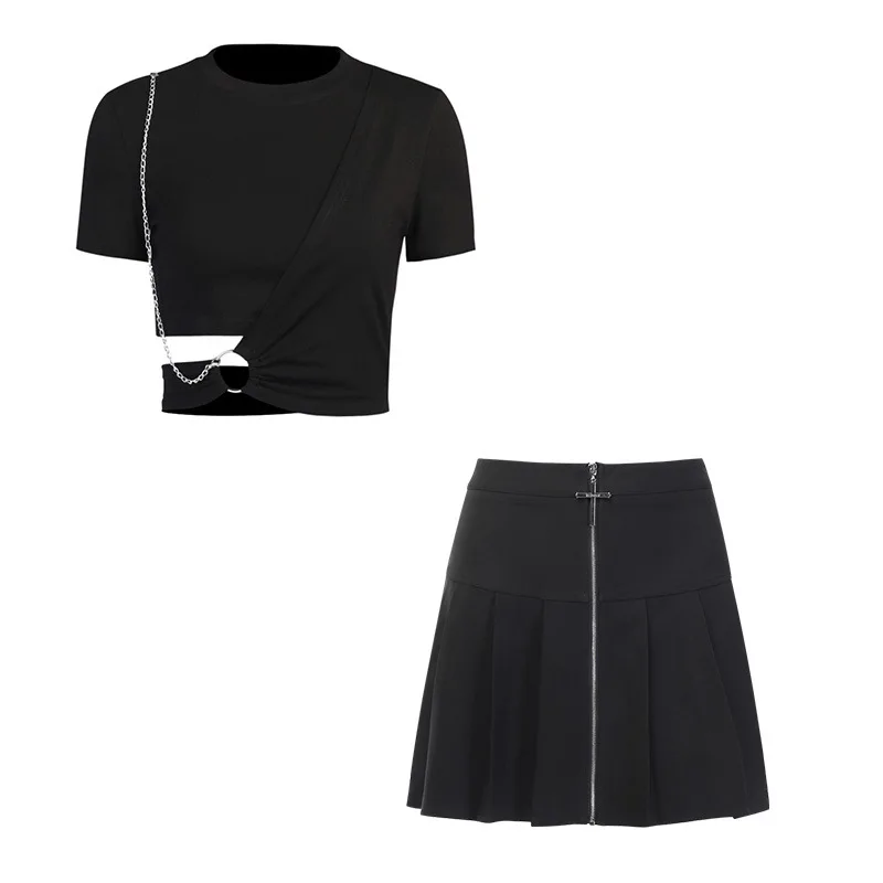 

2021 Solid Color Black Umbilical Slimming Short Chain Metal Ring Hollow T-shirt High Waist Cross Pleated A-line Skirt Female