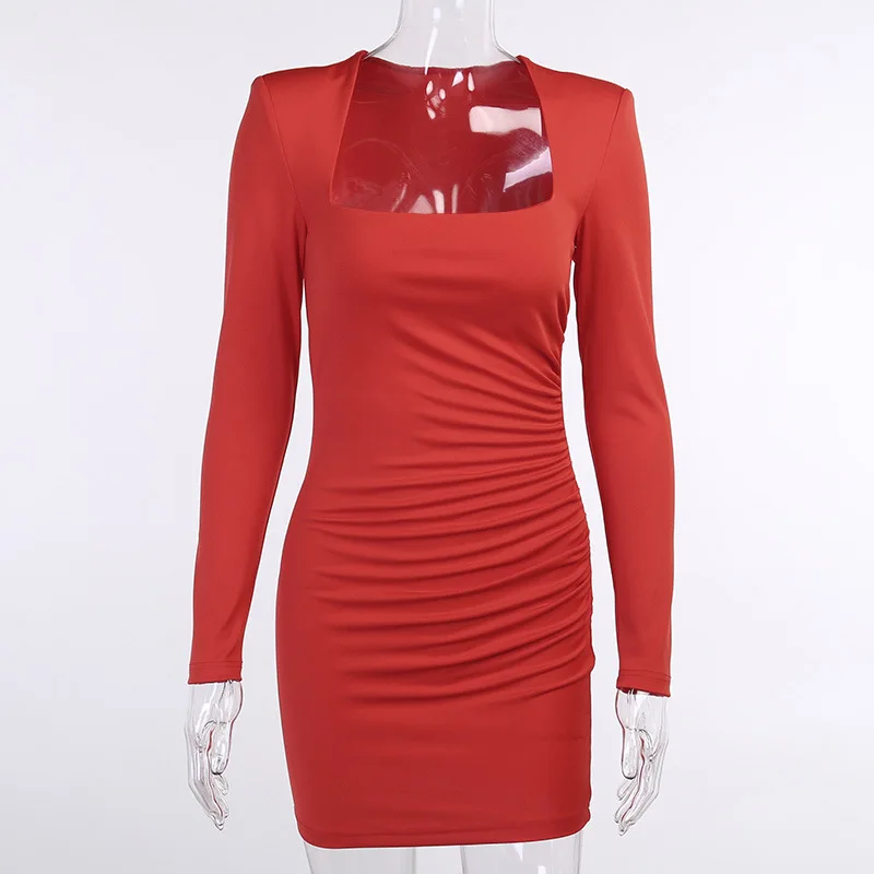 

WJFZQM Solid Square Collar Long Sleeve Mini Dresses Casual Autumn Winter Bodycon Dress Ruched Office Club Party Ladies Dresses