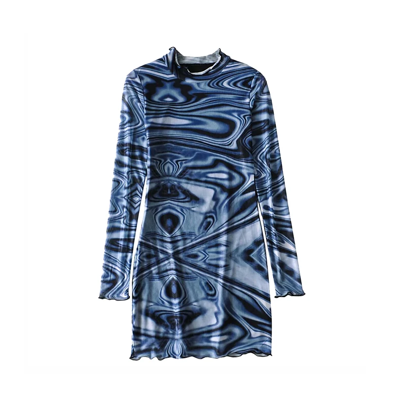 

European and American sexy tight tie-dyed mesh small high collar long sleeve hip bottoming dress skirt